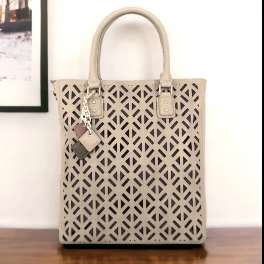 NWT Luminous Leather Tan Satchel Bag Tote Lazer cutouts NWT $109 - Picture 3 of 12